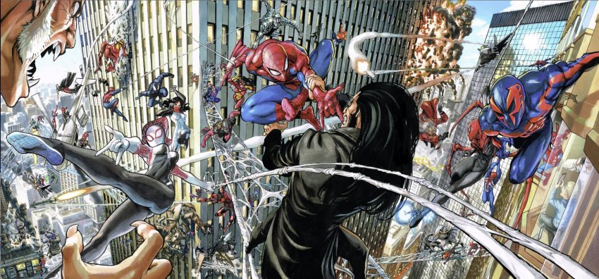 3girls 6+boys aircraft airplane battle black_hair bodysuit building character_request city cityscape commentary costume crash crossover epic explosion fangs flying gwen_stacy helicopter highres hood hooded_bodysuit hoodie iron_spider_armor jet jumping long_hair m/ marvel mask mecha missile mouth_mask multiple_boys multiple_girls multiple_persona murata_yuusuke official_art outdoors panorama reflection robot sabertooth_(x-men) silk silk_(marvel) skyscraper spider-gwen spider-man spider-man_(2099) spider-man_(series) spider-man_noir spider-verse spider-verse_(comics) spider-woman spider_web sun superhero_costume venom_(marvel)