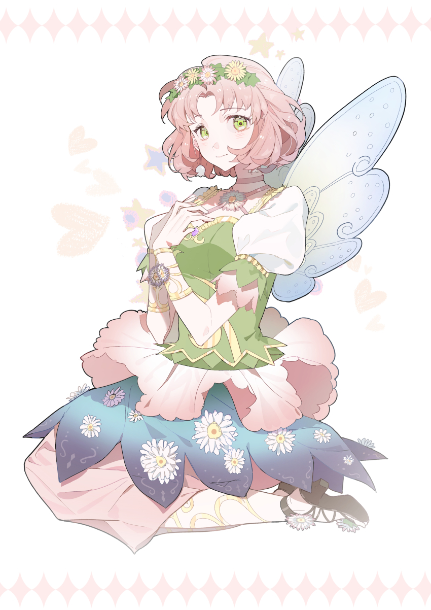 1girl absurdres aikatsu! aikatsu!_(series) blue_skirt blue_wings bracer brown_shoes choker closed_mouth daisy_(flower) dot_nose earrings fairy fairy_wings fake_wings floral_print flower flower_earrings flower_hairband flower_skirt footwear_flower frilled_sleeves frills full_body green_eyes green_shirt hands_on_own_chest heart high_heels highres idol jewelry kitaoji_sakura kneeling layered_skirt light_blush long_skirt morgue_(southsakura) parted_bangs pink_choker pink_flower pink_hair pink_skirt puffy_short_sleeves puffy_sleeves pumps purple_flower shirt shoes short_hair short_sleeves skirt smile solo star_(symbol) white_background white_sleeves wings wrist_flower yellow_flower