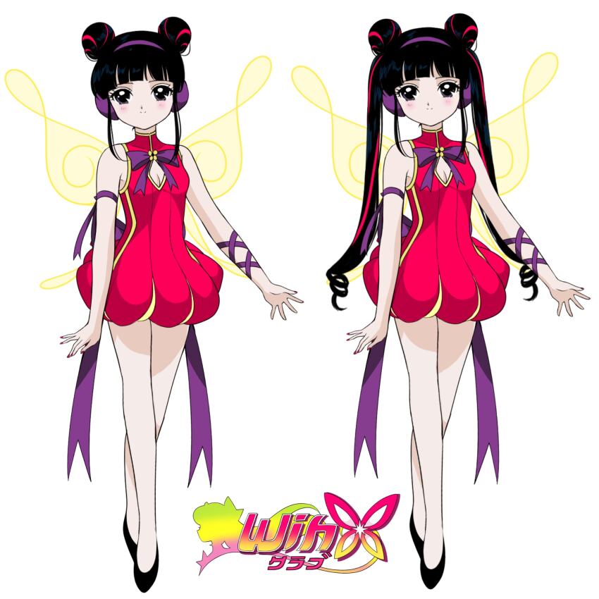 1990s_(style) 1girl animification arm_ribbon armlet asian back_bow bare_legs bare_shoulders bishoujo_senshi_sailor_moon black_eyes black_hair black_shoes bow breasts bubble_skirt china_dress chinese_clothes cleavage cleavage_cutout closed_mouth clothing_cutout collared_dress copyright_name dot_nose double_bun dress eyelashes fairy fairy_wings faux_retro_artstyle flats full_body hair_bun hairband headphones highres honeymoonpetal jewelry light_blush logo long_hair looking_at_viewer magical_girl multicolored_hair musa_(winx_club) official_alternate_hair_length official_alternate_hairstyle parody purple_bow purple_hairband purple_ribbon red_dress red_hair retro_artstyle ribbon ringlets shoes short_hair_with_long_locks simple_background skirt smile streaked_hair style_parody twintails very_long_hair white_background wings winx_club yellow_wings