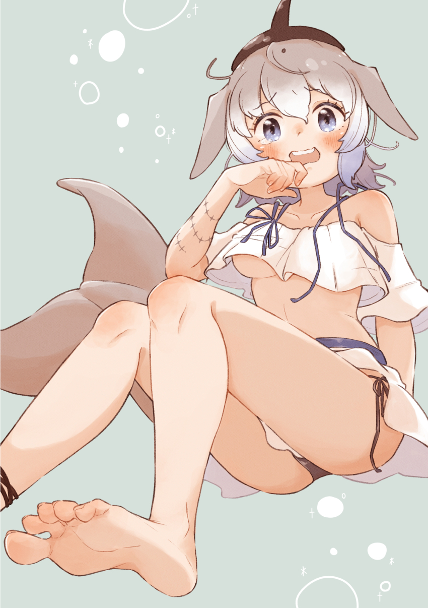 0nanaten 1girl arm_tattoo bare_arms bare_legs bare_shoulders barefoot bikini bikini_bottom_only bikini_skirt black_bikini blowhole blue_eyes blush breasts cetacean_tail collarbone commission common_bottlenose_dolphin_(kemono_friends) dolphin_girl feet fins fish_tail grey_background grey_hair hair_between_eyes hand_to_own_mouth head_fins highres kemono_friends legs looking_at_viewer medium_breasts off-shoulder_shirt off_shoulder open_mouth revision shirt short_hair side-tie_bikini_bottom simple_background sitting skeb_commission skirt soles solo swimsuit tail tattoo tearing_up teeth toes underboob upper_teeth_only white_hair white_shirt white_skirt