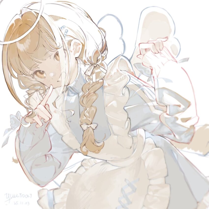 1girl angel_wings apron blonde_hair blue_jacket braid frilled_apron frills fujita_kotone gakuen_idolmaster halo highres idolmaster index_finger_raised jacket jersey_maid leaning_forward looking_at_viewer maid maid_apron simple_background smile solo track_jacket twin_braids unconventional_maid white_apron white_background wings yellow_eyes yuuinai