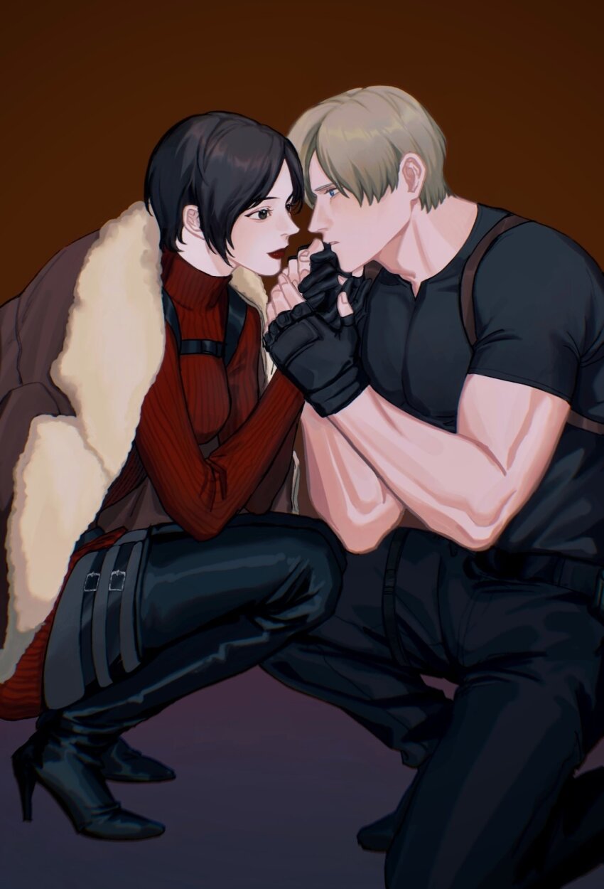 1boy 1girl aaamber_22 ada_wong black_boots black_gloves black_hair black_pants black_pantyhose black_shoes blonde_hair boots breasts brown_jacket dress fingerless_gloves fur-trimmed_jacket fur_trim gloves harness hetero high_heel_boots high_heels highres holding_hands jacket jacket_on_shoulders leon_s._kennedy looking_at_another medium_breasts muscular muscular_male on_one_knee pants pantyhose parted_bangs red_background red_dress red_lips red_sweater resident_evil resident_evil_4 shirt shoes short_dress short_hair sweater sweater_dress thigh_boots thigh_strap tight_clothes tight_shirt turtleneck turtleneck_dress