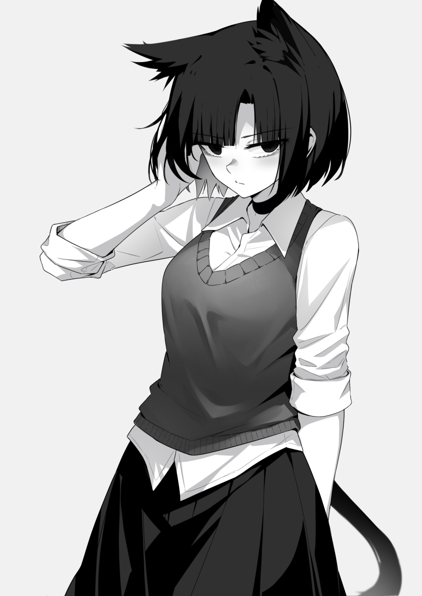 1girl absurdres animal_ears breasts cat_ears cat_tail choker eki_doki expressionless grey_background grey_hair greyscale highres looking_at_viewer medium_breasts monochrome open_mouth original short_hair simple_background skirt solo tail vest