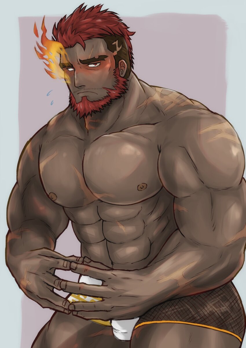 1boy abs bara beard blush dark-skinned_male dark_skin embarrassed eyebrow_cut facial_hair fishnets flaming_eye hephaestus_(housamo) highres large_pectorals leaning_forward male_focus male_swimwear mature_male muscular muscular_male nipples official_alternate_costume pectorals red_eyes scar short_hair simple_background solo steepled_fingers tatatan_(ts_kon2) thick_eyebrows tokyo_houkago_summoners topless_male upper_body