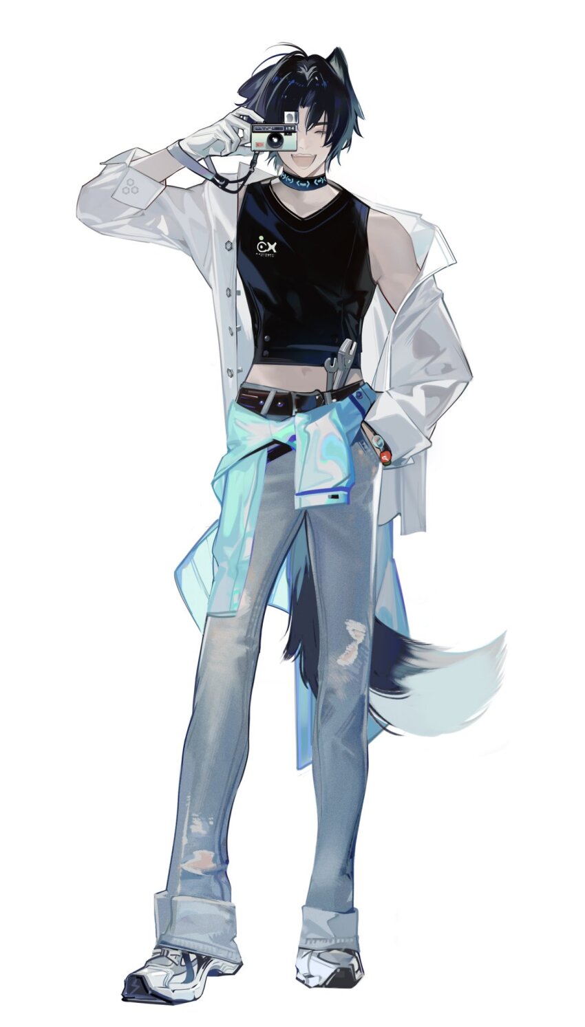 1boy :d animal_ears arknights arm_up bishounen black_tank_top blue_pants camera closed_eyes clothes_around_waist denim dog_boy dog_ears dog_tail full_body gloves hand_in_pocket highres holding holding_camera infection_monitor_(arknights) jacket jeans male_focus nineo open_clothes open_jacket open_mouth pants shoes simple_background smile sneakers solo tail taking_picture tank_top torn_clothes torn_jeans torn_pants white_background white_gloves white_jacket white_shoes windflit_(arknights) wrench