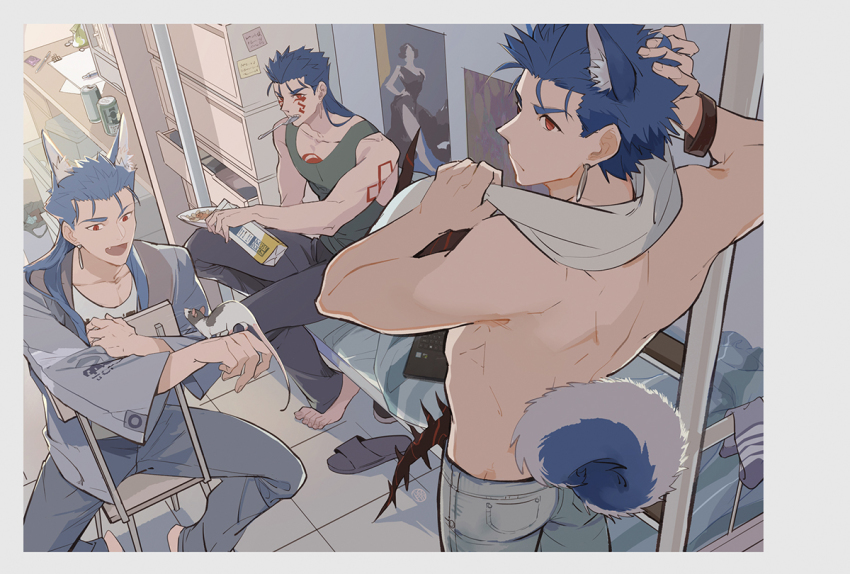 3boys animal_ears barefoot casual cereal cu_chulainn_(caster)_(fate) cu_chulainn_(fate) cu_chulainn_(fate/stay_night) cu_chulainn_alter_(fate) cu_chulainn_alter_(fate/grand_order) denim dog_ears dog_tail earrings facial_mark fate/grand_order fate/stay_night fate_(series) guttia hair_down jeans jewelry kemonomimi_mode male_focus milk_carton mouse_(animal) multiple_boys multiple_persona pants tail tank_top topless_male towel towel_around_neck