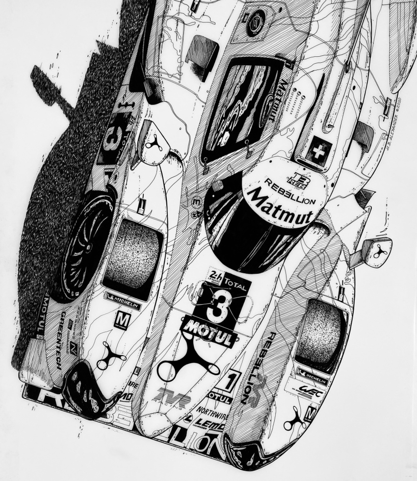 absurdres car from_above grey_background greyscale highres hugh_b._alexander ink_(medium) le_mans_prototype michelin michelin_man monochrome motion_blur motor_vehicle no_humans race_vehicle racecar rebellion_r-13 rebellion_racing shadow sponsor traditional_media vehicle_focus world_endurance_championship