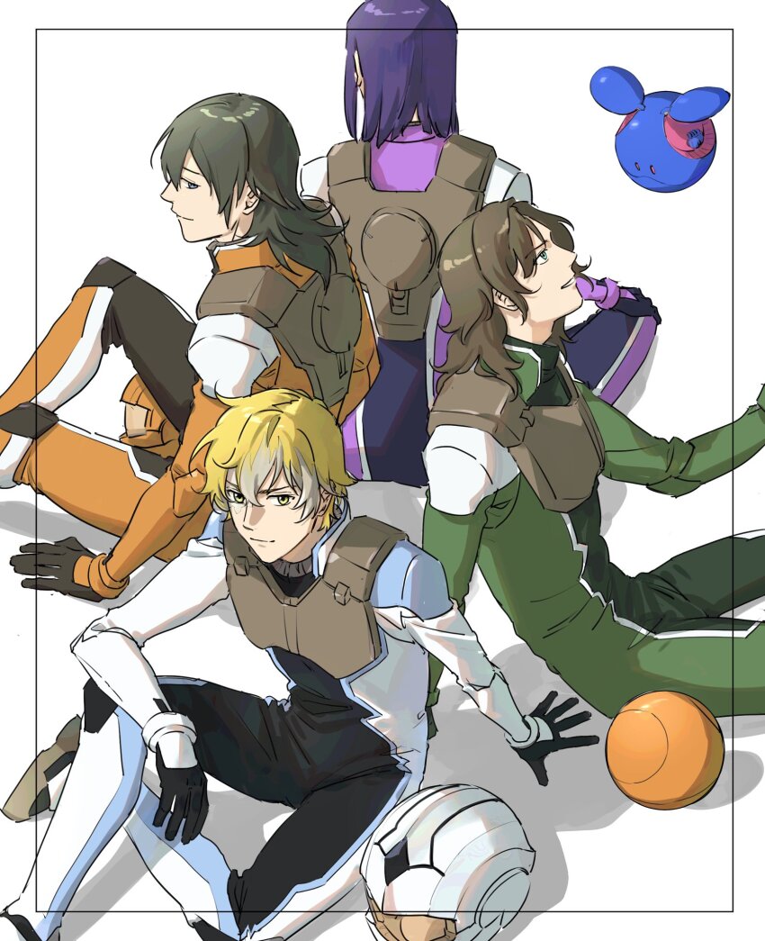 4boys allelujah_haptism blonde_hair bodysuit brown_hair celestial_being_uniform gundam gundam_00 haro helmet highres lockon_stratos male_focus mecha_pilot_suit multiple_boys nanao_parakeet normal_suit_(gundam) robot smile tieria_erde yellow_bodysuit