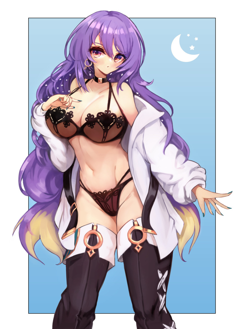 1girl absurdres black_boots black_bra black_panties boots bra breasts highres hololive hololive_indonesia large_breasts lingerie long_hair moona_hoshinova nail_polish notte panties purple_eyes purple_hair solo underwear virtual_youtuber