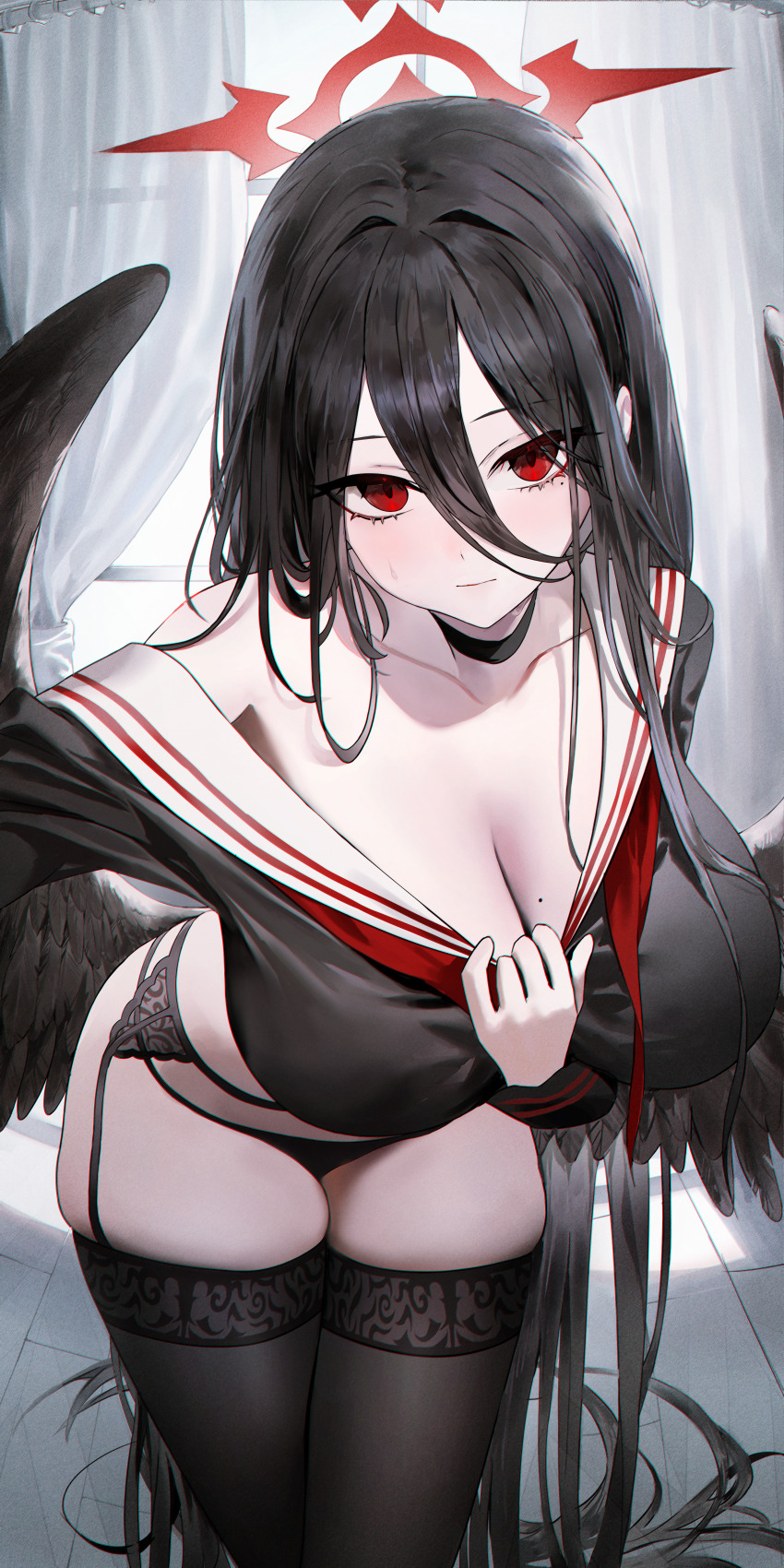 1girl absurdres black_choker black_hair black_wings blue_archive blush breasts choker garter_belt garter_straps hair_between_eyes halo hasumi_(blue_archive) highres huge_breasts kofii long_hair looking_at_viewer mole mole_under_eye red_eyes selfie shirt solo taking_picture very_long_hair wings