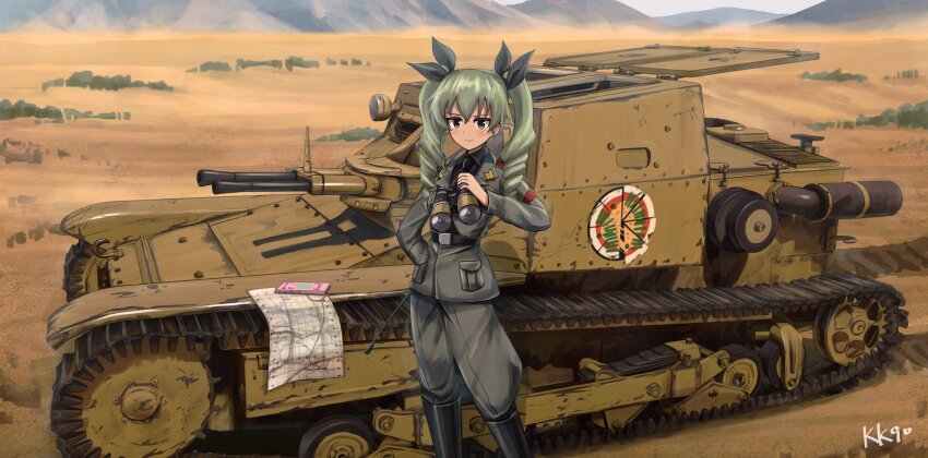 1girl absurdres anchovy_(girls_und_panzer) anzio_(emblem) anzio_military_uniform binoculars book breasts carro_veloce_cv-33 caterpillar_tracks day desert drill_hair emblem girls_und_panzer green_eyes highres jodhpurs kk90 map military military_vehicle motor_vehicle necktie pants red_eyes small_breasts smile solo tank twin_drills twintails