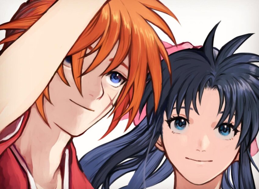 1boy 1girl arm_up blue_eyes close-up closed_mouth commentary cross_scar facial_scar gradient_background hair_between_eyes hair_ribbon high_ponytail himura_kenshin japanese_clothes kamiya_kaoru kimono long_hair looking_up mame_moyashi orange_hair pink_ribbon ponytail red_kimono ribbon rurouni_kenshin scar scar_on_cheek scar_on_face smile upper_body wide_sleeves
