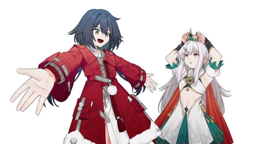 2girls adjusting_clothes adjusting_headwear arms_up black_bridal_gauntlets breasts bridal_gauntlets brown_sweater chinese_clothes clara_(honkai:_star_rail) clara_(honkai:_star_rail)_(cosplay) clothing_cutout coat collar commentary commission cosplay costume_switch cowboy_shot detached_sleeves english_commentary hair_between_eyes headpiece highres honkai:_star_rail honkai_(series) long_hair looking_at_viewer multiple_girls navel open_mouth outstretched_arms pink_eyes red_coat shi_(shi4557) simple_background small_breasts sweater twintails white_background white_collar white_hair yellow_eyes yunli_(honkai:_star_rail) yunli_(honkai:_star_rail)_(cosplay)