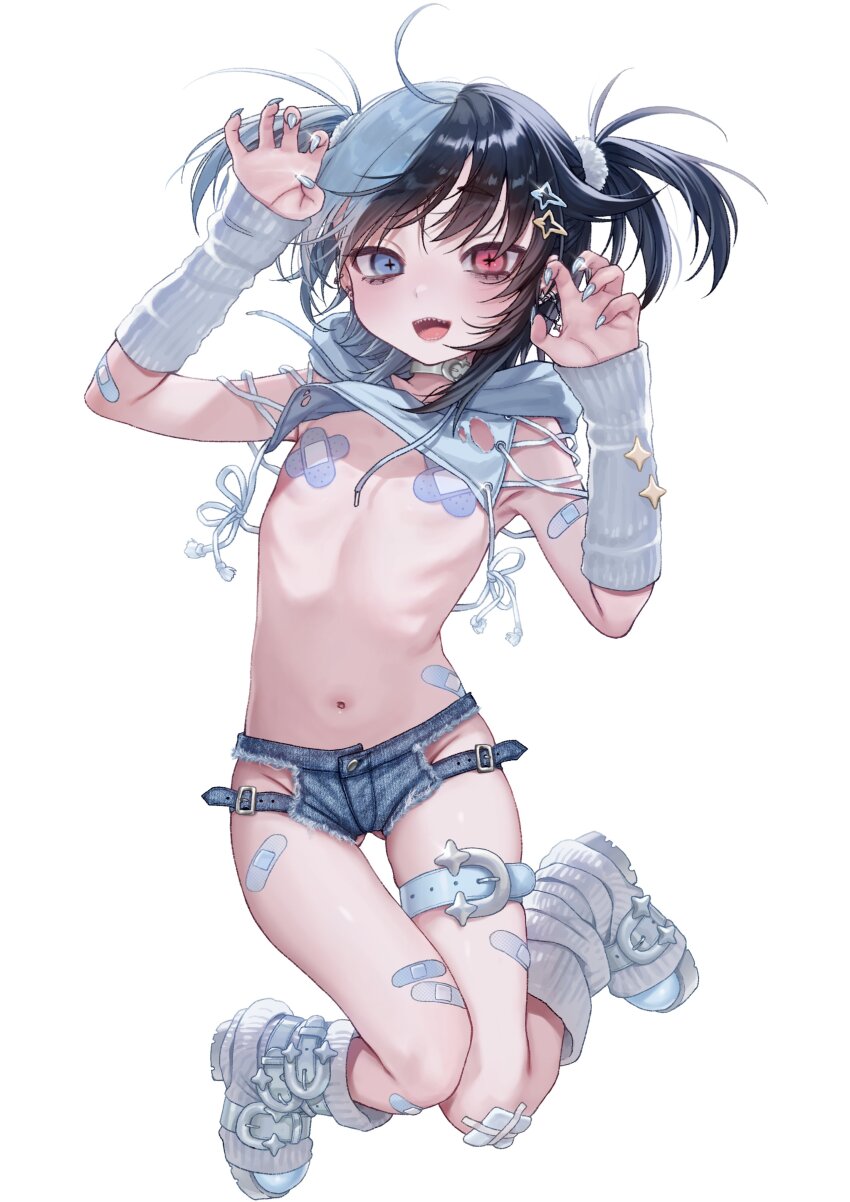 +_+ 1girl absurdres arm_warmers bandaid bandaid_on_leg bandaids_on_nipples black_hair blue_eyes blue_hair blush boots claw_pose crop_top crossed_bandaids dancho dancho_(dancyo) denim denim_shorts fingernails flat_chest gauze_on_knee heterochromia highres kujirakawa_zoo looking_at_viewer multicolored_hair navel open_mouth original pasties red_eyes ribs sharp_fingernails sharp_teeth short_shorts shorts smile solo split-color_hair teeth thigh_gap twintails two-tone_hair