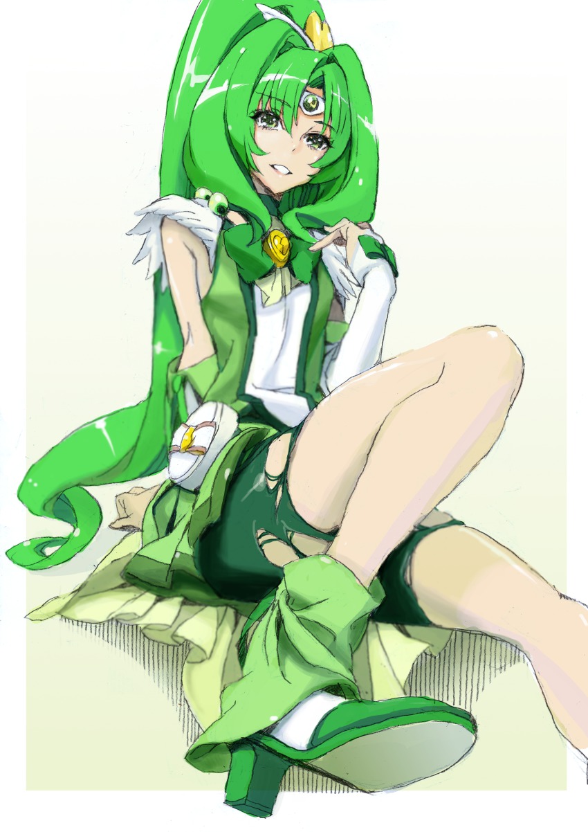 10s 1girl absurdres bike_shorts bike_shorts_under_skirt cure_march female_focus green_eyes green_hair green_shorts green_skirt green_theme high_heels highres long_hair magical_girl matching_hair/eyes midorikawa_nao nobita_(makoto7060355) ponytail precure shoes shorts shorts_under_skirt sitting sketch skirt smile_pact smile_precure! solo tiara torn_clothes tri_tails very_long_hair