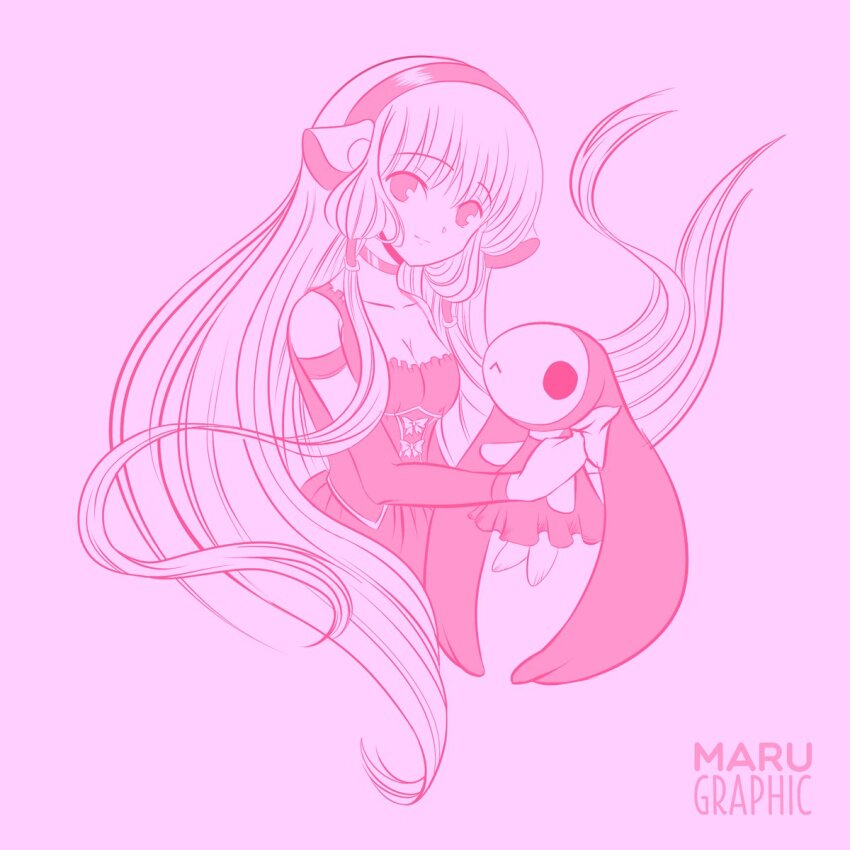 1girl artist_name atashi_(chobits) breasts chii chobits choker cleavage collarbone detached_sleeves dress hair_tubes hairband highres holding holding_stuffed_toy lolita_fashion long_hair looking_at_viewer maru_graphic medium_breasts monochrome pink_background pink_theme robot_ears sidelocks simple_background spanish_commentary stuffed_toy sweet_lolita very_long_hair