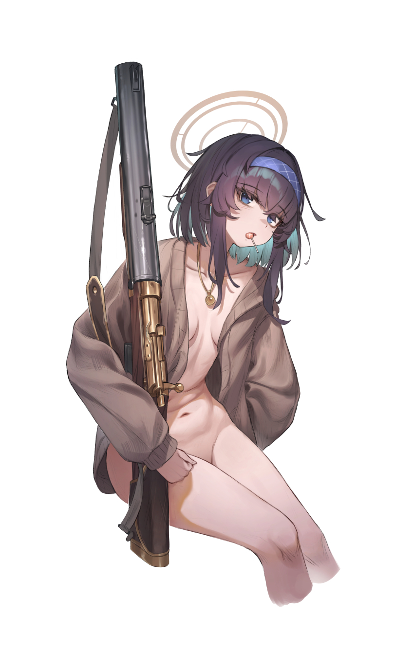 1girl absurdres black_hair blue_archive bolt_action breasts brown_cardigan brown_halo cardigan collarbone de_lisle_carbine di_le_to gun hairband halo highres holding holding_gun holding_weapon invisible_chair lollipop_in_mouth long_hair long_sleeves looking_at_viewer naked_cardigan navel open_cardigan open_clothes open_mouth puffy_long_sleeves puffy_sleeves purple_eyes purple_hairband rifle simple_background sitting small_breasts solo stomach suppressor thighs ui_(blue_archive) weapon white_background