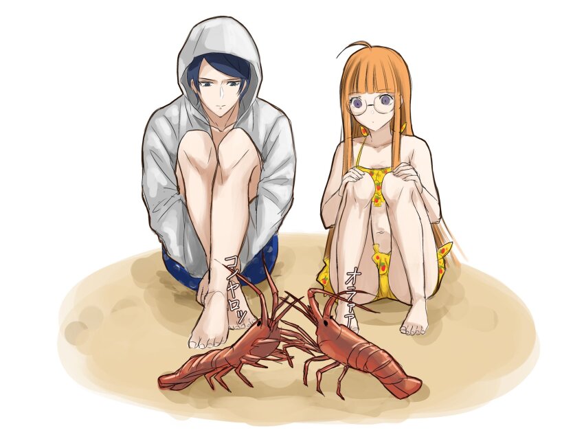 1boy 1girl animal barefoot bikini blue_hair blue_male_swimwear blue_swim_trunks blunt_bangs closed_mouth crayfish food_print fruit_print glasses grey_jacket highres hood hood_up hugging_own_legs igusaharu jacket kitagawa_yuusuke long_hair long_sleeves male_swimwear orange_hair persona persona_5 print_bikini print_swimsuit ruffle_bikini sakura_futaba simple_background sitting strawberry_print swimsuit watching yellow_bikini