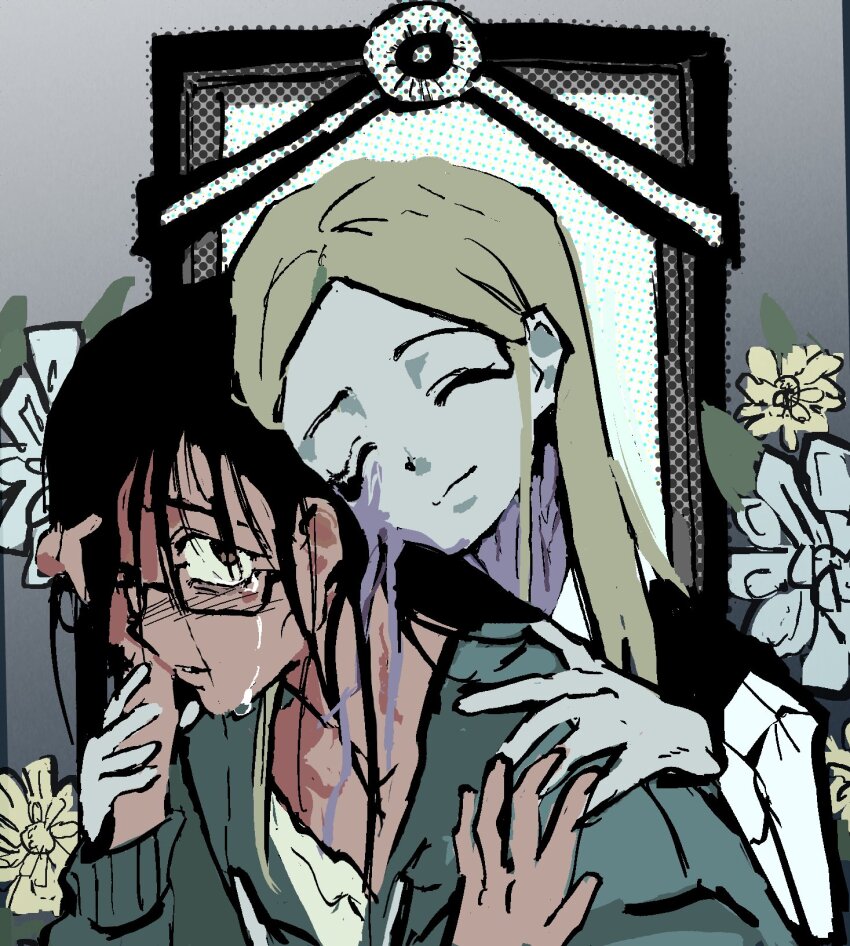 2girls black_hair blonde_hair closed_eyes commentary english_commentary flower green_jacket hand_on_another&#039;s_shoulder hand_on_own_head highres iei jacket long_hair melting multiple_girls my_september_(nastyona) original picture_frame shirt sunnyirry white_shirt