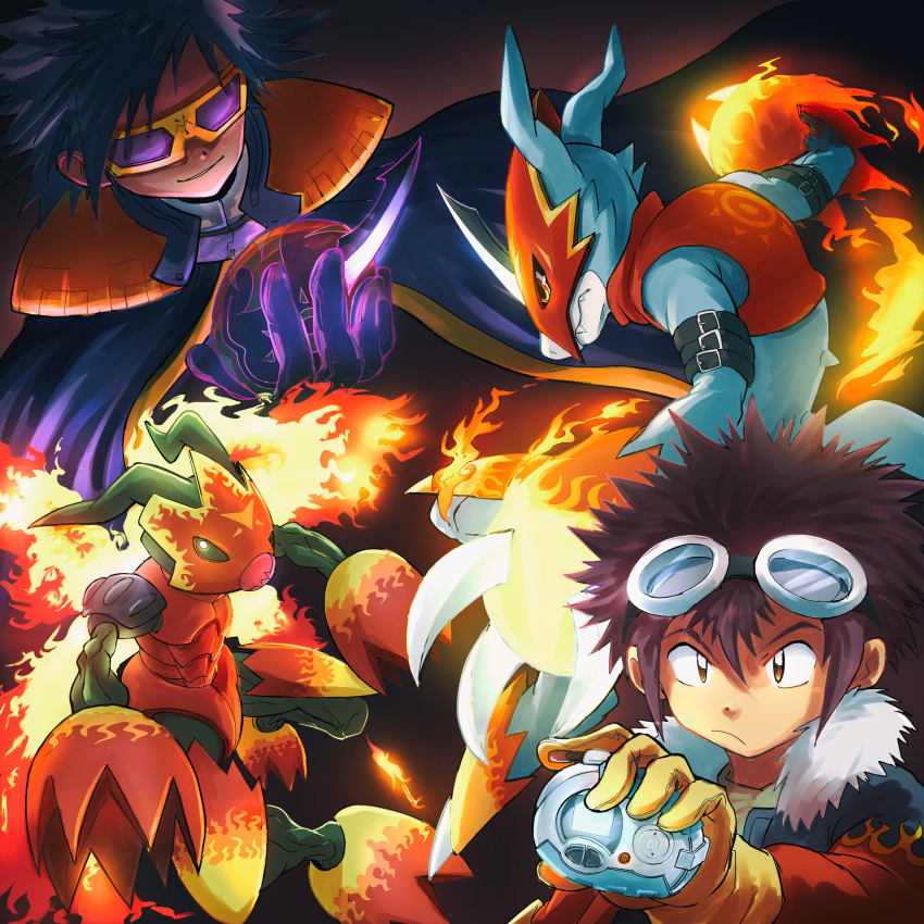 belt bug digimon digimon_kaiser digivice dragon fire goggles goggles_on_head highres ichijouji_ken bug motomiya_daisuke shadramon
