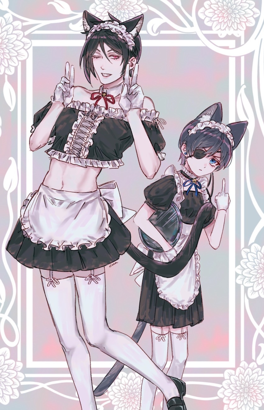 2boys alternate_costume animal_ears black_hair blue_eyes cat_boy cat_ears cat_tail ciel_phantomhive closed_mouth crop_top crossdressing earrings ena33333333 eyelashes eyepatch gloves hair_between_eyes highres jewelry kuroshitsuji maid male_focus male_maid middle_finger miniskirt multiple_boys pale_skin red_eyes sebastian_michaelis shirt short_hair skirt smile tail tareme trap unconventional_maid