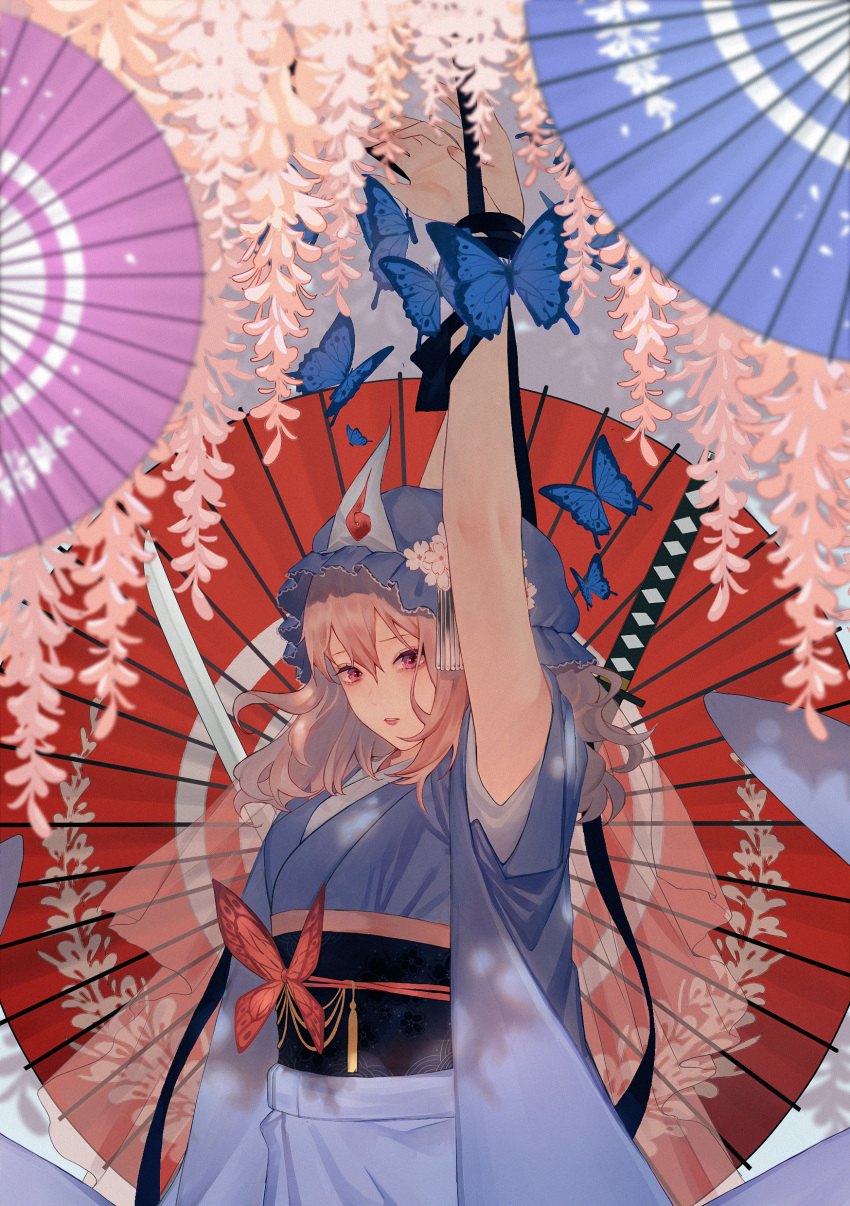 1girl absurdres arms_up blue_hat blue_kimono blurry blurry_foreground bound bound_wrists bug butterfly cherry_blossoms chinese_commentary commentary_request expressionless flower hair_between_eyes hat hat_flower highres houraisan_chouko insect japanese_clothes kimono lips long_sleeves looking_at_viewer mob_cap obi oil-paper_umbrella parted_lips pink_eyes pink_hair saigyouji_yuyuko sash short_hair solo sword touhou triangular_headpiece umbrella upper_body weapon wisteria