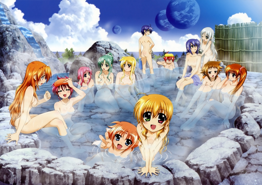 00s 6+girls :3 =_= absurdres ahoge arf ass barefoot blonde_hair blue_eyes blue_hair breasts brown_hair caro_ru_lushe cinque_(nanoha) cleavage closed_eyes cloud crossed_legs dieci_(nanoha) fang fate_testarossa ginga_nakajima green_eyes green_hair hair_over_breasts hair_over_one_breast hand_on_own_hip heterochromia highres hip_focus legs lindy_harlaown long_hair looking_back lyrical_nanoha mahou_shoujo_lyrical_nanoha mahou_shoujo_lyrical_nanoha_strikers medium_breasts moon multiple_girls navel no_nipples nove_(nanoha) nude numbers_(nanoha) official_art okuda_yasuhiro one_eye_closed onsen open_mouth ponytail red_eyes red_hair short_hair siblings sideboob silver_hair sisters sitting sky small_breasts subaru_nakajima takamachi_nanoha teana_lanster towel towel_on_legs v very_long_hair vivio water wendi_(nanoha) wet wink