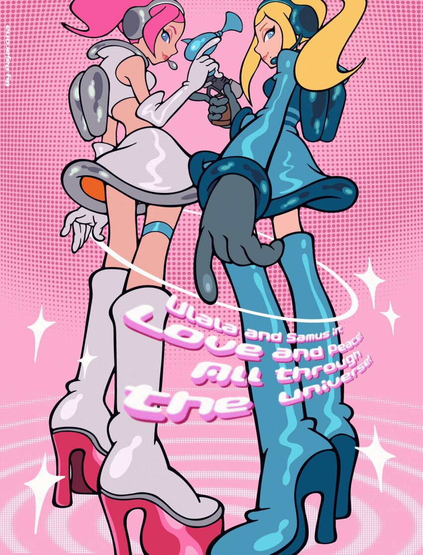 2girls adapted_costume alternate_costume blonde_hair blue_boots blue_dress blue_eyes blue_headphones boots cosplay crop_top cyber_fashion dress elbow_gloves energy_gun english_text eyeshadow from_below full_body game_console gloves gun half-closed_eyes hands_up headset high_collar high_heel_boots high_heels highres holding holding_gun holding_weapon jetpack lipstick long_hair long_sleeves looking_at_viewer makeup metroid microphone midriff miniskirt multiple_girls nintendo pajaronaa pink_background pink_eyebrows pink_eyeshadow pink_hair pink_lips platform_boots platform_footwear ponytail profile ray_gun samus_aran sega_dreamcast short_dress skirt sleeveless smile solo space_channel_5 thigh_boots thigh_strap twintails ulala ulala_(cosplay) weapon white_boots white_gloves white_skirt