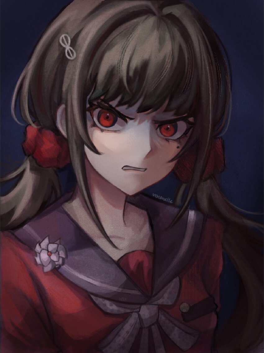 1girl black_background black_sailor_collar breasts brown_hair danganronpa_(series) danganronpa_v3:_killing_harmony hair_ornament hair_scrunchie hairclip harukawa_maki highres long_hair looking_at_viewer low_twintails mole mole_under_eye red_eyes red_scrunchie red_shirt sailor_collar scrunchie shirt small_breasts solo twintails upper_body vixx_(vixiolatte)