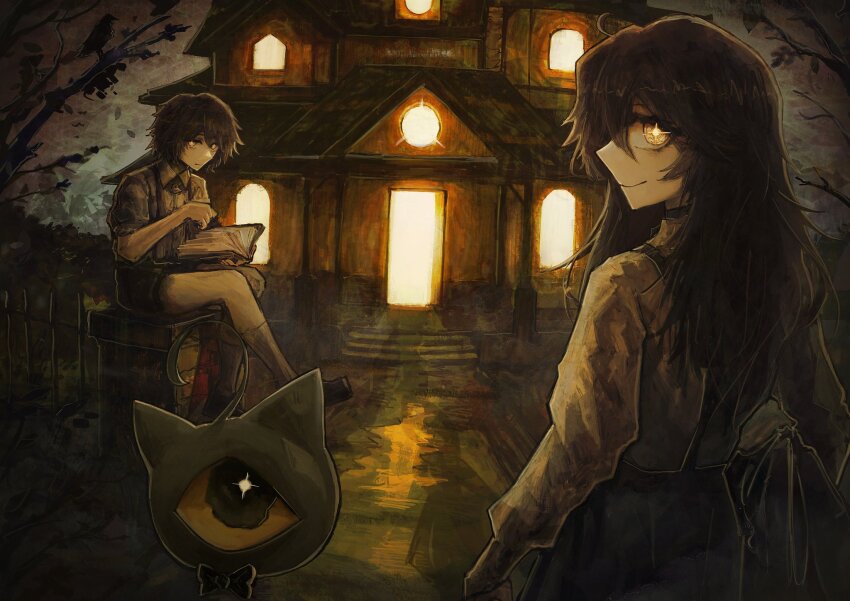 1930s_fashion 1boy 1girl black_hair black_shoes black_skirt book bow bowtie brother_and_sister fence gaspar_(grimmivt) grimmi_(vtuber) highres house indie_virtual_youtuber long_hair looking_at_viewer looking_back mansion night outdoors pale_skin reading reiju_n1337 reiju_niboshi shirt shoes short_hair shorts siblings sitting sitting_on_object skelter_(grimmivt) skirt smile socks suspender_skirt suspenders tree white_shirt yellow_eyes