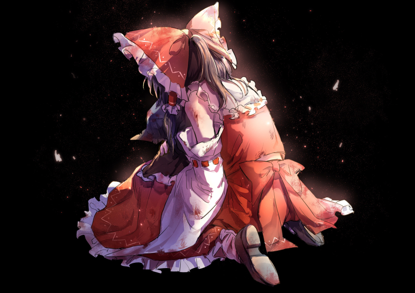 1girl aihara-rina back bare_shoulders black_background black_footwear black_hair black_hat blood blood_on_arm blood_on_clothes blood_stain bow collared_shirt commentary commentary_request dark detached_sleeves english_commentary frilled_bow frilled_hat frilled_shirt_collar frills from_behind glowing hair_bow hair_tubes hakurei_reimu hat highres hugging_object kirisame_marisa leaning_forward light_particles long_skirt long_sleeves medium_hair mixed-language_commentary ponytail red_bow red_ribbon red_sash red_shirt red_skirt ribbon ribbon-trimmed_sleeves ribbon_trim sash scrape shirt sidelocks simple_background sitting skirt skirt_set sleeveless sleeveless_shirt solo sparks touhou wariza white_legwear witch_hat