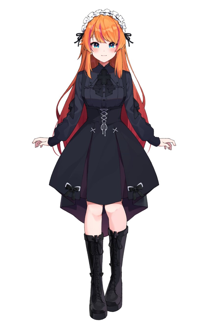 1girl black_boots black_bow black_bowtie black_shirt black_skirt blue_eyes blush boots bow bowtie cross-shaped_pupils eyeliner hair_over_shoulder high-low_skirt high-waist_skirt highres knee_boots long_hair long_sleeves maid_headdress makeup multicolored_hair orange_hair pink_hair platform_boots reject_(esports) rosec_pin seion shirt sidelocks simple_background skirt solo straight_hair streaked_hair swept_bangs symbol-shaped_pupils two-tone_hair virtual_youtuber wolf_cut