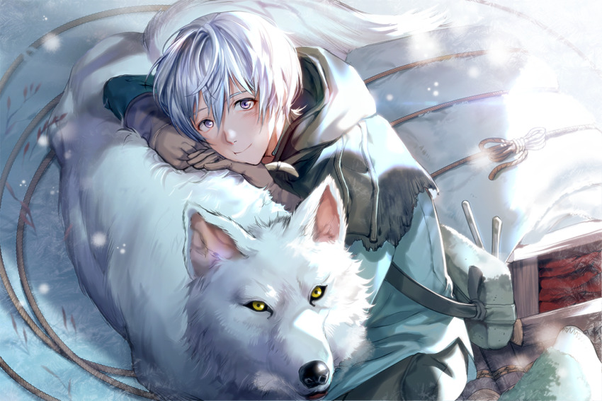 1boy 1other animal bag blush boba_(zipzipplz) cloak coat commentary fumetsu_no_anata_e fushi gloves hair_between_eyes hood hood_down long_sleeves looking_at_viewer male_focus pants purple_eyes rope short_hair shoulder_bag sitting smile snow snowing the_nameless_boy_(fumetsu_no_anata_e) white_hair white_wolf wolf yellow_eyes