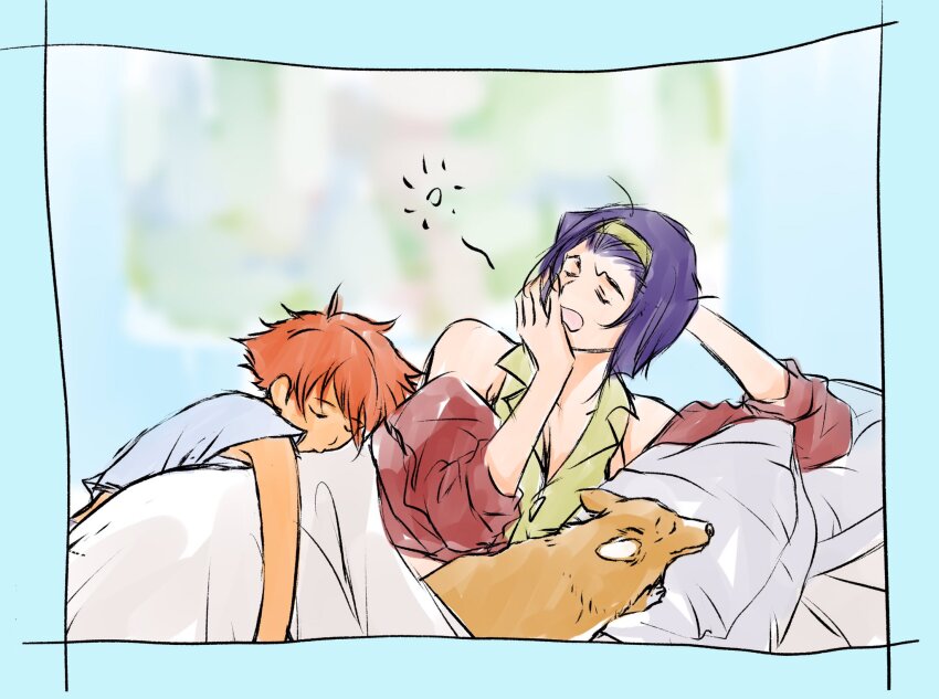 2girls cowboy_bebop dog edward_wong_hau_pepelu_tivrusky_iv ein_(cowboy_bebop) faye_valentine highres multiple_girls purple_hair red_hair sleeping tobalin yawning