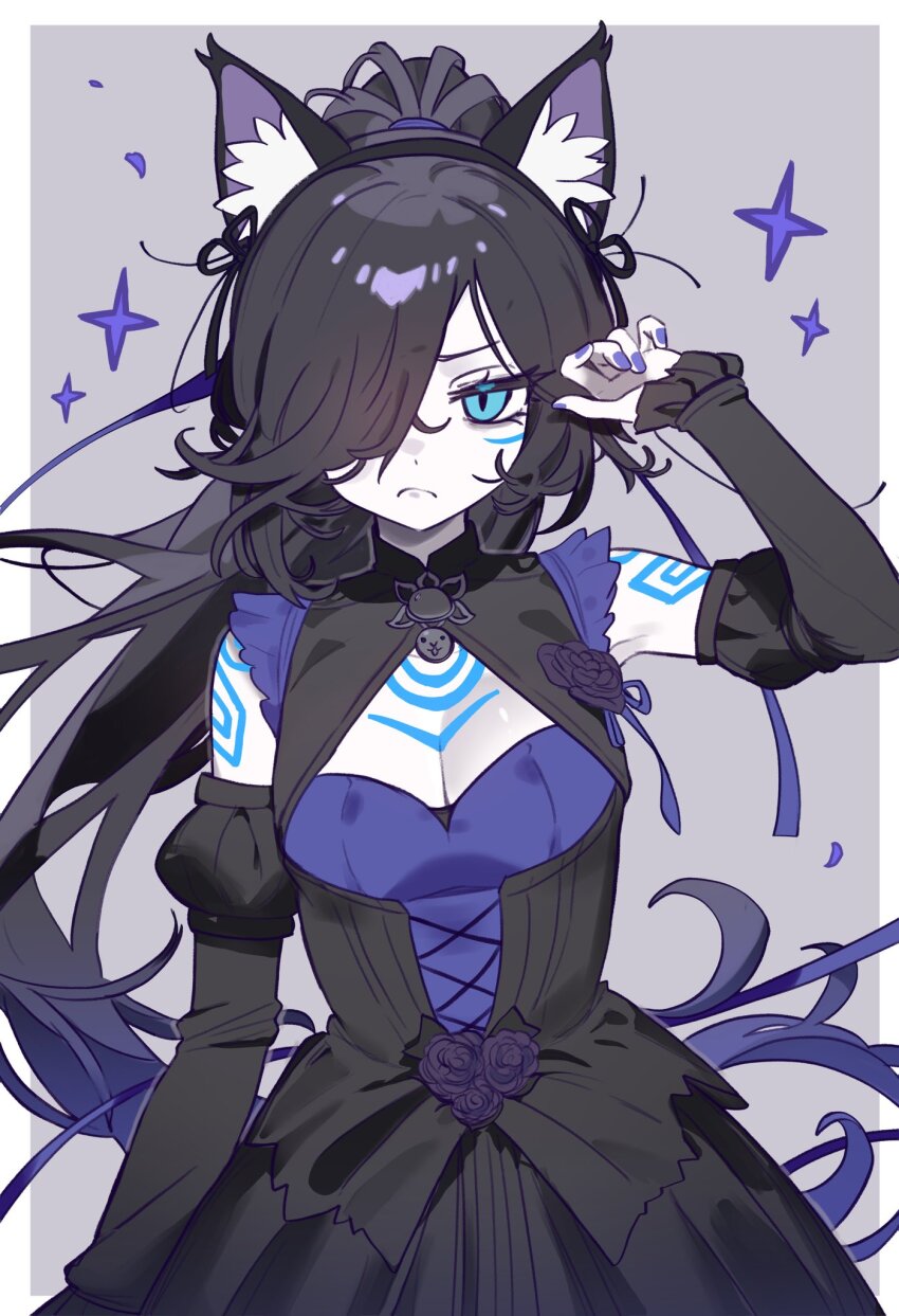 1girl alternate_costume animal_ear_fluff animal_ears armpits black_dress black_hair blue_dress blue_eyes blue_nails blush body_markings breasts cat_ears cleavage cleavage_cutout closed_mouth clothing_cutout corset dark_kasli_(nyanko_daisensou) detached_sleeves dress ebora flower frills grey_background hair_over_one_eye hair_tie hand_up highres light_frown long_hair looking_at_viewer markings nyanko_daisensou ponytail puffy_detached_sleeves puffy_sleeves purple_flower purple_rose purple_star rose simple_background solo star_(symbol) two-tone_dress very_long_hair white_background