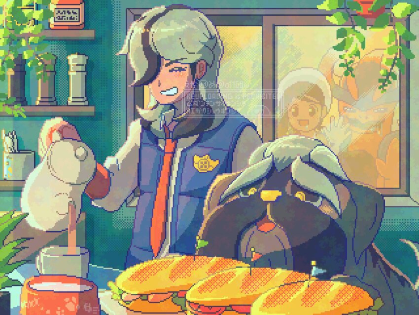 1boy 1girl :d ^_^ absurdres against_window arven_(pokemon) black_hair blue_vest bowl brown_eyes brown_hair closed_eyes collared_shirt cup dog drooling food grey_hair grin hair_over_one_eye highres holding holding_teapot juliana_(pokemon) koraidon long_hair mabosstiff male_focus multicolored_hair naranja_academy_school_uniform necktie nintendo o1168w open_clothes open_mouth open_vest orange_necktie pet_bowl pixel_art pokemon pokemon_(creature) pokemon_sv pouring saliva sandwich school_uniform shirt smile streaked_hair submarine_sandwich teapot two-tone_hair vest white_shirt
