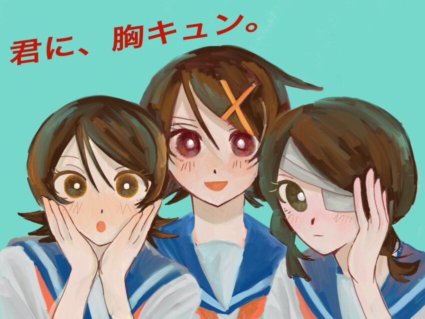 3girls :d :o aqua_background bandages blue_sailor_collar braid brown_eyes brown_hair eyepatch fuura_kafuka hair_ornament hands_on_own_face highres hitou_nami kawaoka_nano kobushi_abiru looking_at_viewer medical_eyepatch multiple_girls neckerchief open_mouth parody red_neckerchief sailor_collar sayonara_zetsubou_sensei school_uniform serafuku short_hair short_twintails smile twin_braids twintails yellow_magic_orchestra
