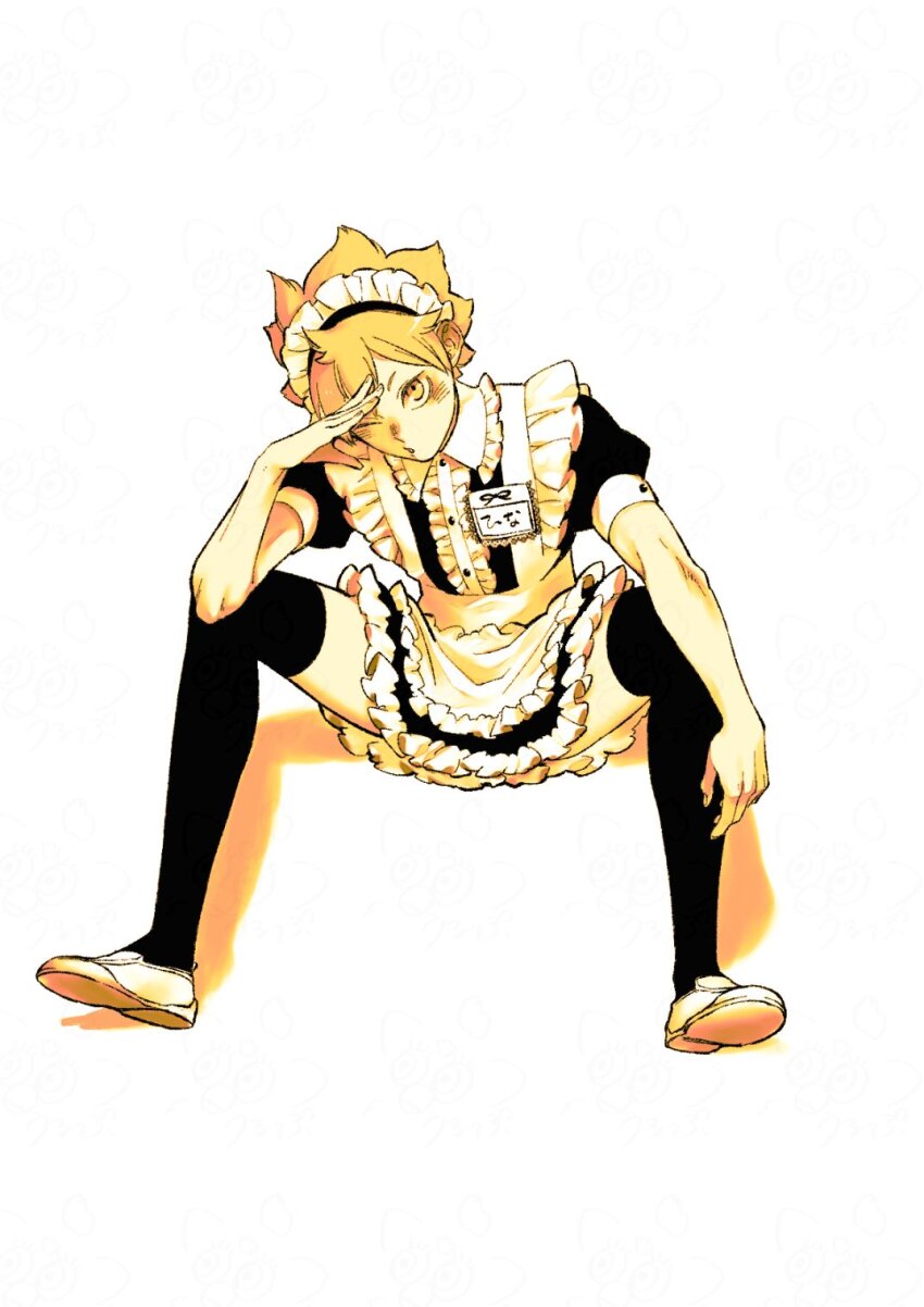 1boy apron arm_on_knee black_thighhighs blush collar commentary_request crossdressing crossdressing_(mtf) elbow_on_knee frilled_apron frilled_collar frills full_body haikyuu!! hand_on_own_face highres hinata_shouyou juliet_sleeves long_sleeves looking_at_viewer maid maid_apron maid_headdress male_focus male_maid one_eye_closed orange_eyes orange_hair parted_bangs parted_lips puffy_sleeves shoes short_hair short_sleeves simple_background sitting solo thighhighs urup_zzz white_background white_shoes wing_collar