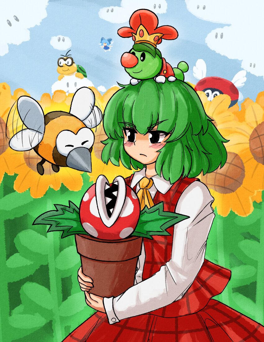 1girl absurdres alt_text ascot black_eyes blue_sky closed_mouth cloud commentary crossover english_commentary field flower flower_field green_hair highres kazami_yuuka lakitu lakitu&#039;s_cloud long_sleeves mario_(series) mcsquiddies nintendo outdoors para-biddybud piranha_plant plaid_clothes plaid_skirt plaid_vest plant potted_plant prince_florian red_skirt red_vest sharp_teeth shirt short_hair skirt sky stingby sunflower sunflower_field super_mario_bros._wonder teeth touhou vest white_shirt yellow_ascot