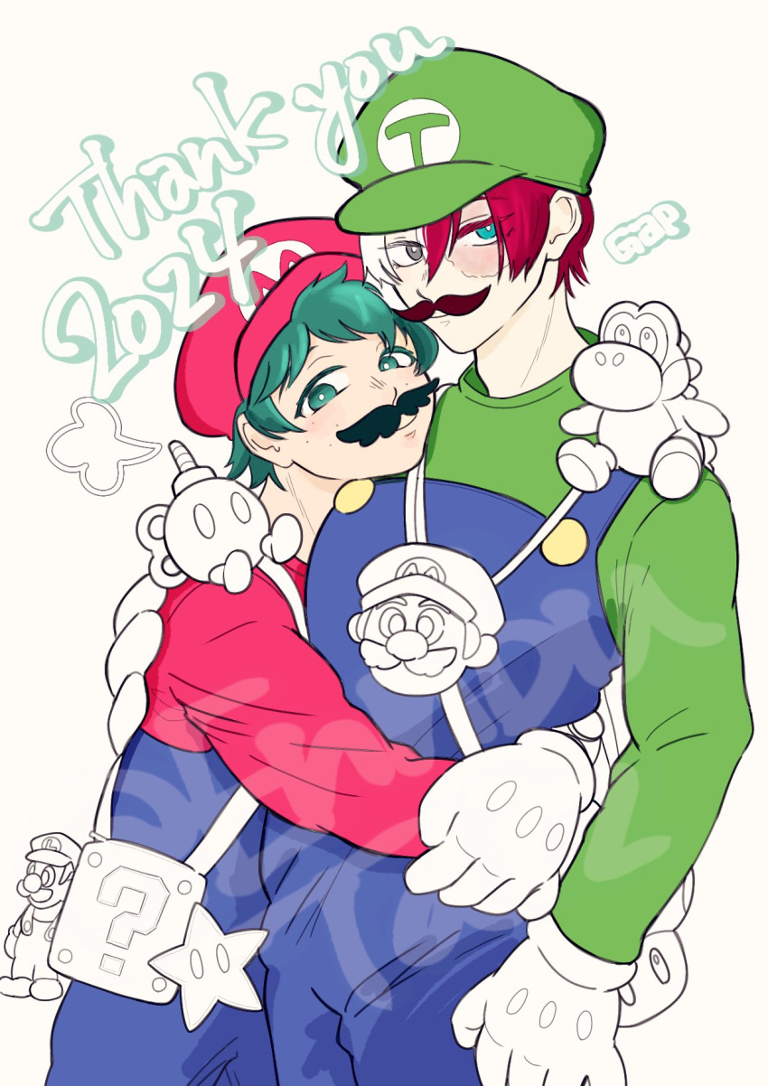 2boys ?_block bob-omb boku_no_hero_academia bones_(company) burn_scar cosplay curly_hair ennbutdiz facial_hair freckles gloves green_hair hat highres hug luigi mario mario_(series) messy_hair midoriya_izuku multicolored_hair multiple_boys mustache nintendo overalls red_hair scar shirt shounen_jump size_difference stuffed_toy super_mushroom super_star_(mario) tododeku todoroki_shouto two-tone_hair white_hair yaoi yoshi
