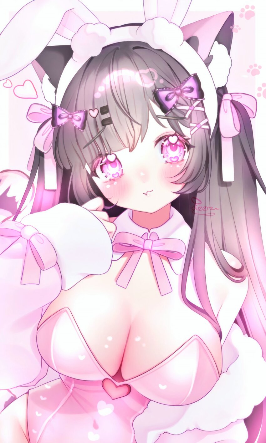 1girl :3 animal_ear_fluff animal_ear_hairband animal_ears blush border bow breasts cat_ears cat_girl cleavage closed_mouth clothing_cutout coat coat_partially_removed collar commentary commission detached_collar dissociatedcat english_commentary fake_animal_ears fang fang_out grey_hair hair_bow hair_ornament hairband hand_up heart heart_cutout heart_in_eye highres large_breasts leotard long_hair long_sleeves looking_at_viewer neck_ribbon original outside_border parted_bangs pink_background pink_coat pink_eyes pink_leotard pink_ribbon purple_bow rabbit_ear_hairband rabbit_ears ribbon sleeves_past_wrists solo strapless strapless_leotard symbol_in_eye upper_body white_border white_collar white_hairband x_hair_ornament