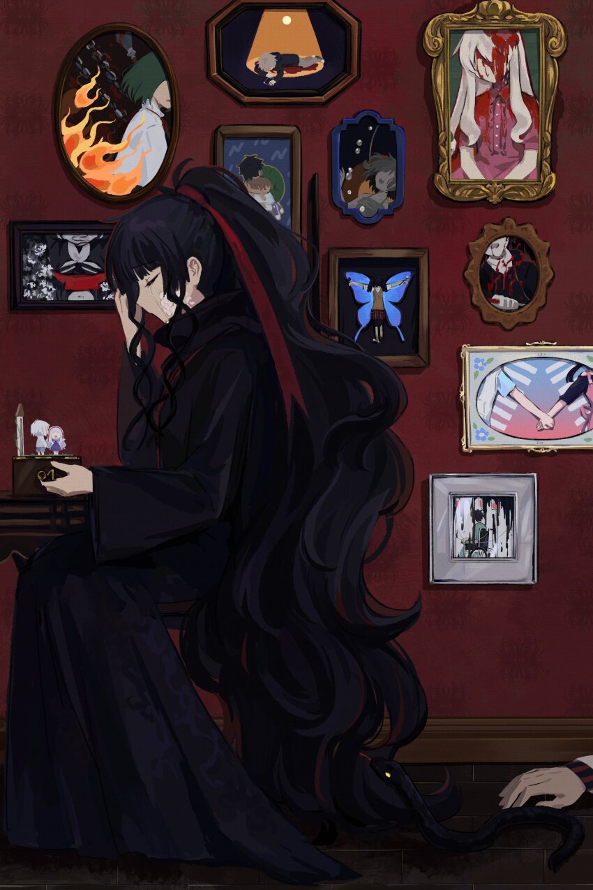 1girl aaniko absurdres amamiya_hibiya asahina_hiyori asphyxiation azami_(kagerou_project) black_dress black_hair black_snake blood blunt_bangs butterfly_wings chain closed_eyes crying curly_hair death drawing_(object) dress drowning enomoto_takane facial_mark fire from_side hair_spread_out hand_up high_collar highres holding_hands insect_wings intravenous_drip kagerou_project kano_shuuya kido_tsubomi kisaragi_momo kisaragi_shintarou kokonose_haruka kozakura_marry kozakura_shion long_dress long_hair music_box out_of_frame picture_frame red_ribbon ribbon seto_kousuke sitting snake solo_focus symbolism tateyama_ayano tateyama_kenjirou tsukihiko_(kagerou_project) very_long_hair wheelchair wings