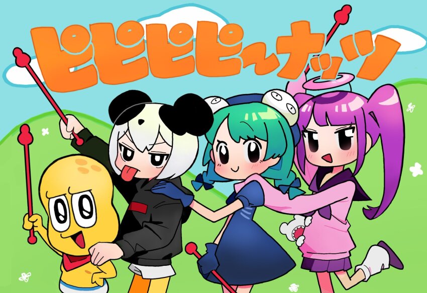 1boy 3girls animal_ears arm_up bald bandana bandana_around_neck beret black_eyes black_hair black_hoodie blue_dress blue_sky blush braid briefs bright_pupils bukimi-chan_(vtuber) closed_mouth cloud colored_skin creature day dress fake_halo from_side glaring grass green_hair hair_ornament half-closed_eyes halo hand_on_another&#039;s_shoulder hat highres hill holding_baton hood hood_down hoodie indie_virtual_youtuber jbs0 leg_warmers looking_at_viewer looking_to_the_side low_twin_braids male_underwear mode_aim multicolored_hair multiple_girls no_pupils open_mouth outdoors outstretched_arm panda_ears panda_girl pantyhose pantyhose_under_shorts peanuts-kun pink_shirt pleated_skirt puffy_short_sleeves puffy_sleeves purple_footwear purple_sailor_collar purple_skirt red_bandana saeki_yahiro sailor_collar school_uniform serafuku shirt shoes short_hair short_shorts short_sleeves shorts skirt sky sleeves_past_fingers sleeves_past_wrists smile standing standing_on_one_leg tenshi-chan_(vtuber) tongue tongue_out translation_request tsurime twin_braids twintails two-tone_hair underwear underwear_only v-shaped_eyebrows virtual_youtuber white_hair white_male_underwear white_pupils white_shorts yellow_pantyhose yellow_skin