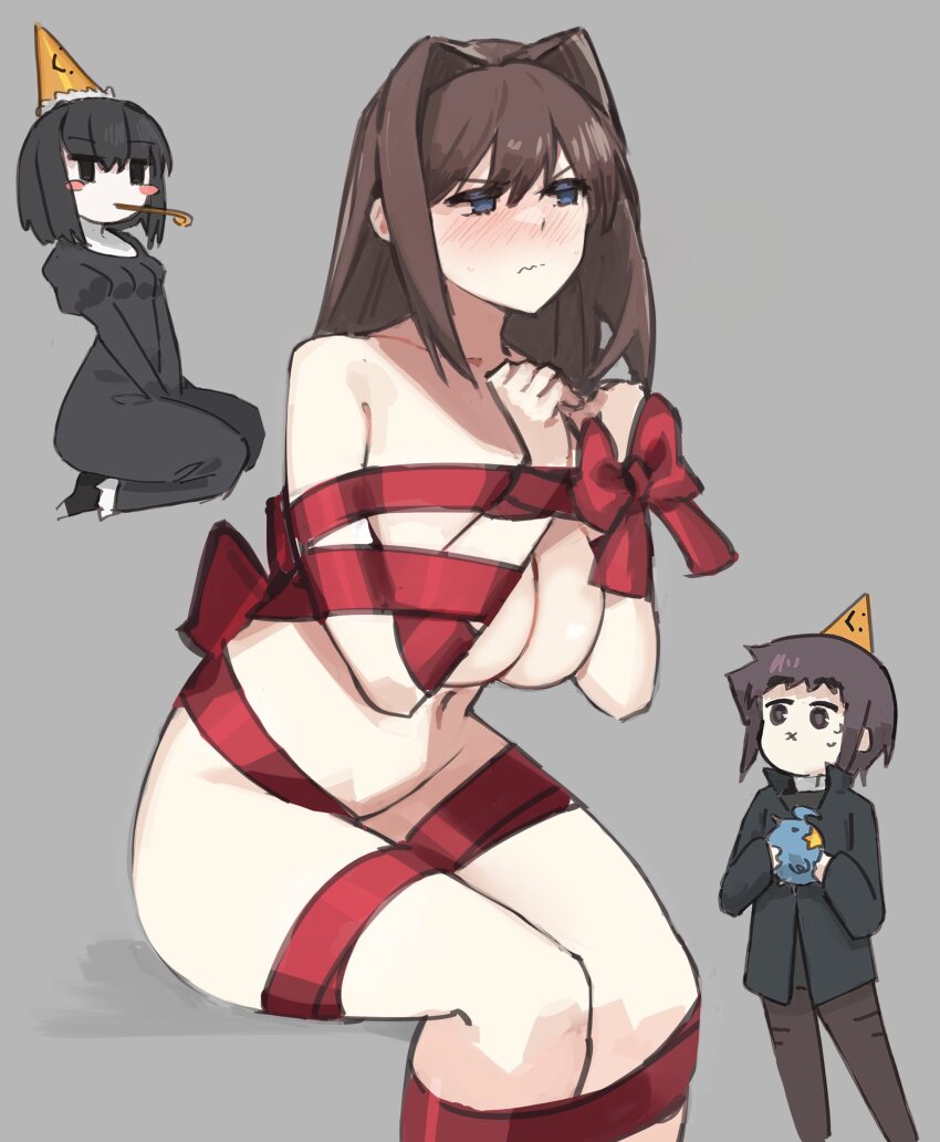 1boy 2girls aozaki_aoko bird black_dress black_hair black_shirt blue_bird blue_eyes blush breasts brown_hair collared_shirt commentary dress embarrassed english_commentary grey_background hat highres jitome jonyeld kuonji_alice large_breasts long_hair lost_robin_rondo mahou_tsukai_no_yoru multiple_girls naked_ribbon navel party_hat red_ribbon ribbon seiza shirt shizuki_soujuurou simple_background sitting v-shaped_eyebrows wavy_mouth