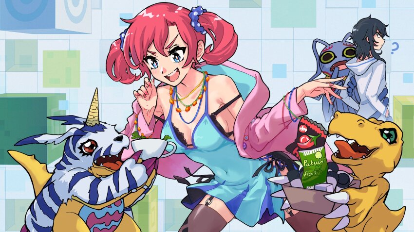 1boy 1girl agumon bare_shoulders black_bra black_hair black_panties black_thighhighs blue_camisole blue_eyes bra camisole coat cowboy_shot cross-laced_clothes cup digimon digimon_story:_cyber_sleuth gabumon garter_straps green_eyes highres holding holding_cup hood hood_down hooded_jacket jacket keramon lace lace_bra lizard long_hair open_clothes open_jacket panties pink_jacket red_eyes red_hair sanada_arata sanada_makomi shiramine_nokia short_hair side-tie_panties sideless_outfit thighhighs twintails underwear white_coat