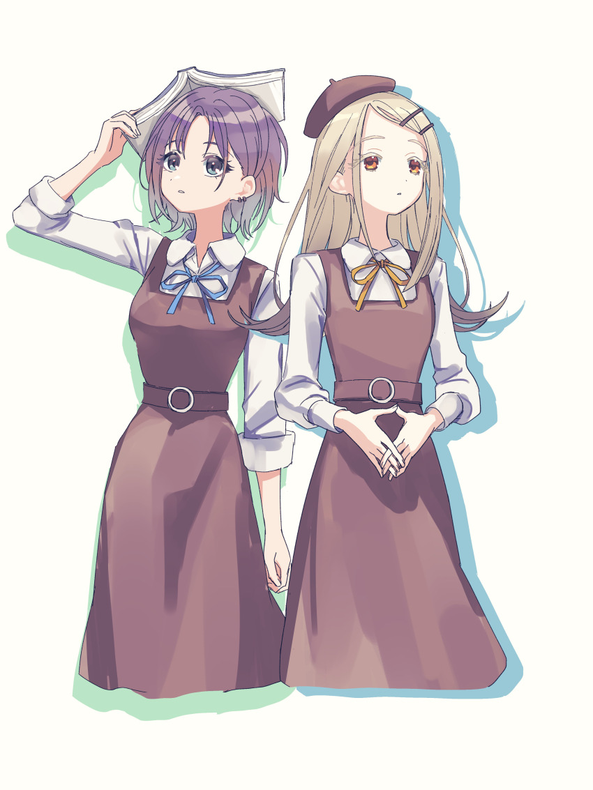 2girls absurdres asakura_toru beret blonde_hair blue_ribbon book book_on_head brown_dress brown_hat commentary_request cropped_legs dress earrings flipped_hair gakuen_idolmaster gradient_hair grey_hair hat highres idolmaster idolmaster_shiny_colors in-franchise_crossover jewelry kanipoposu long_hair looking_ahead multicolored_hair multiple_girls neck_ribbon object_on_head own_hands_together pinafore_dress purple_hair ribbon shinosawa_hiro shirt short_hair simple_background sleeveless sleeveless_dress swept_bangs very_long_hair white_shirt yellow_ribbon
