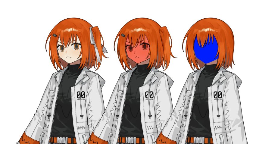 1girl a.i._voice adachi_rei angry arms_at_sides belt black_shirt breast_pocket closed_mouth faceless frown hair_between_eyes hair_ribbon highres jacket junlin_drake light_blush long_sleeves looking_at_viewer multiple_views open_clothes open_jacket orange_belt orange_eyes orange_hair pocket ribbon shirt side_ponytail simple_background transparent_background utau white_jacket white_ribbon zipper