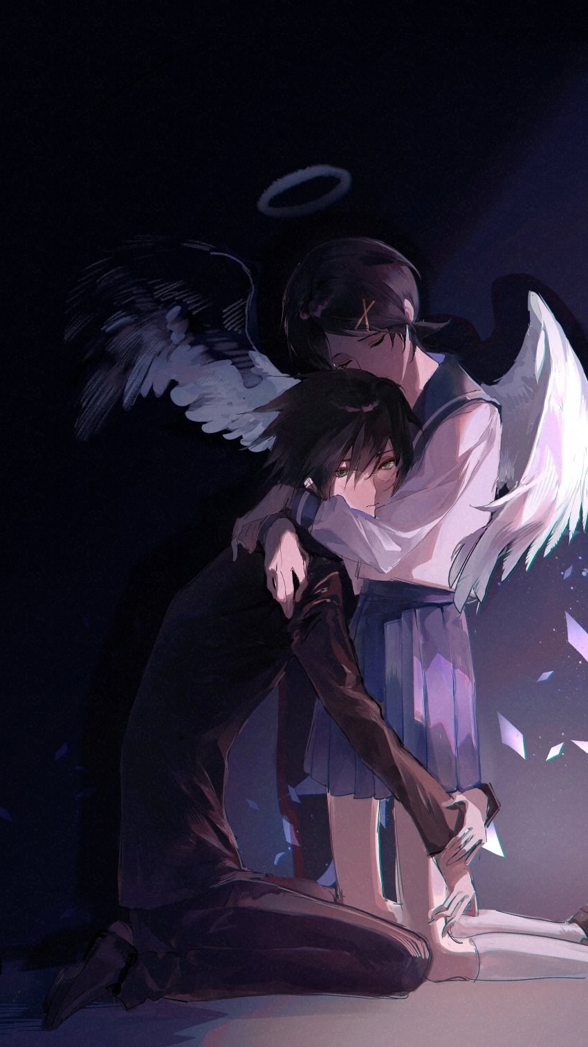 1boy 1girl absurdres angel angel_wings black_hair black_jacket black_pants blue_skirt brown_hair closed_eyes fuura_kafuka glasses hair_ornament halo highres hug itoshiki_nozomu jacket looking_at_viewer pants sayonara_zetsubou_sensei school_uniform shirt skirt standing white_shirt wings x_hair_ornament yeluo_black