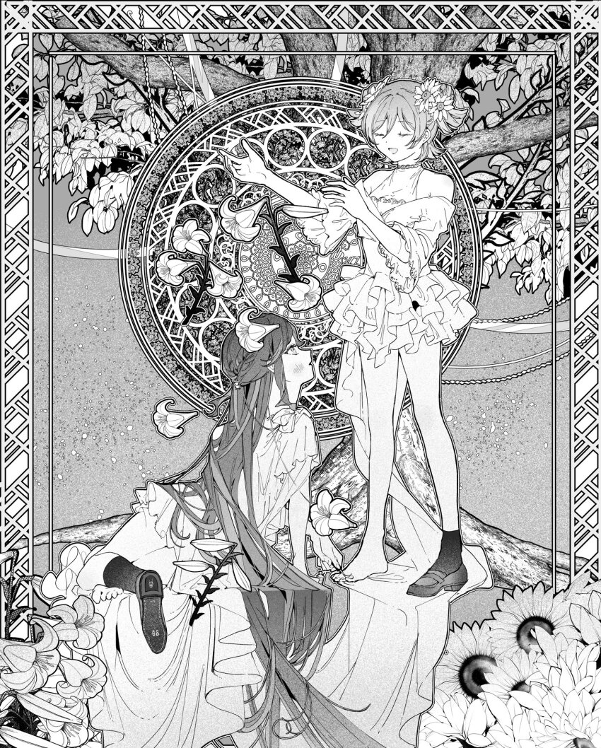 2girls :d absurdly_long_hair ankle_socks applying_pedicure arm_support armpit_crease bare_shoulders black_socks blush border candybun12 closed_eyes commentary_request cosmetics daiba_nana dress dress_ribbon fingernails flower frilled_dress frills greyscale hair_between_eyes hair_flower hair_flowing_over hair_ornament hands_up highres invisible_floor kneehighs kneeling layered_dress leaf leaning_to_the_side lily_(flower) long_hair looking_at_another looking_up monochrome multiple_girls nail_polish_bottle off-shoulder_dress off_shoulder official_alternate_costume open_mouth ornate_border outline outside_border painting_toenails right_shoe_removed rose_window shirt shirt_under_dress shoes short_dress short_hair short_sleeves short_twintails shoujo_kageki_revue_starlight sidelocks single_bare_foot single_shoe single_sock sleeveless sleeveless_shirt smile socks standing sunflower tendou_maya toenails tree twintails very_long_cape very_long_hair waist_cape white_outline