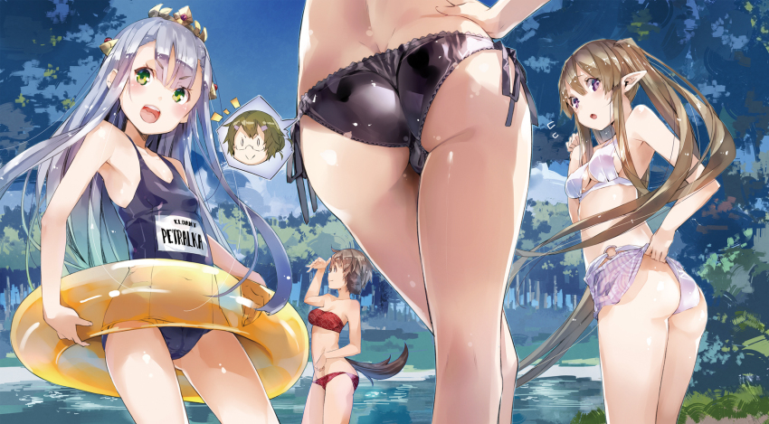 0_0 4girls :&gt; animal_ears ass bikini blue_one-piece_swimsuit blush breasts brown_hair collarbone crown elbia_hernaiman elf forest glasses green_eyes green_hair grey_hair hair_between_eyes highres jewelry koganuma_minori legs long_hair looking_at_viewer lower_body multiple_girls myucel_foalan name_tag nature non-web_source o-ring o-ring_bikini o-ring_bottom o-ring_swimsuit one-piece_swimsuit open_mouth outbreak_company petralka_anne_eldant_iii pointy_ears purple_eyes school_swimsuit short_hair side-tie_bikini_bottom sidelocks smile swimsuit tiara tree twintails very_long_hair yuugen